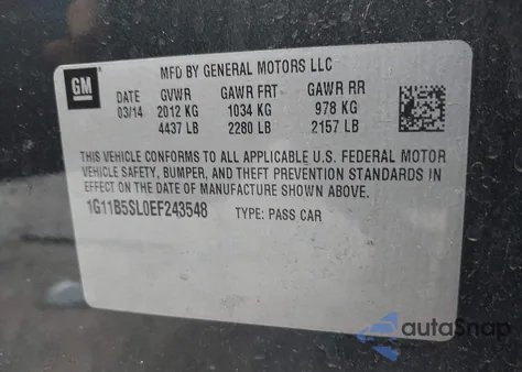 2014 Chevrolet Malibu Ls из США, поврежденный, VIN 1G11B5SL0EF243548